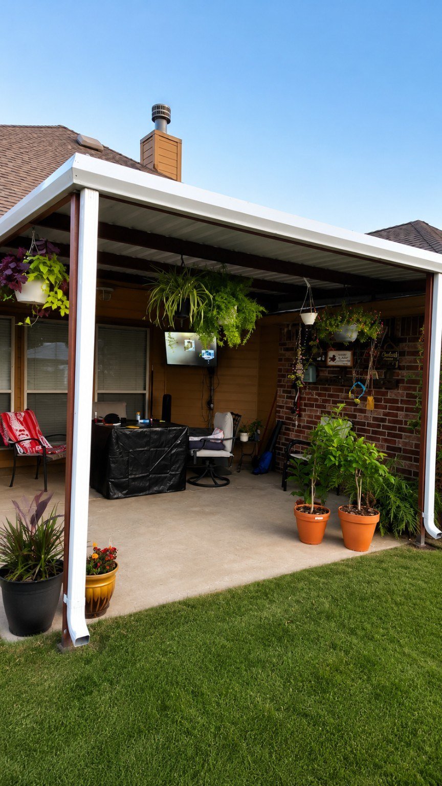 Detailed exterior view of custom metal patio cover