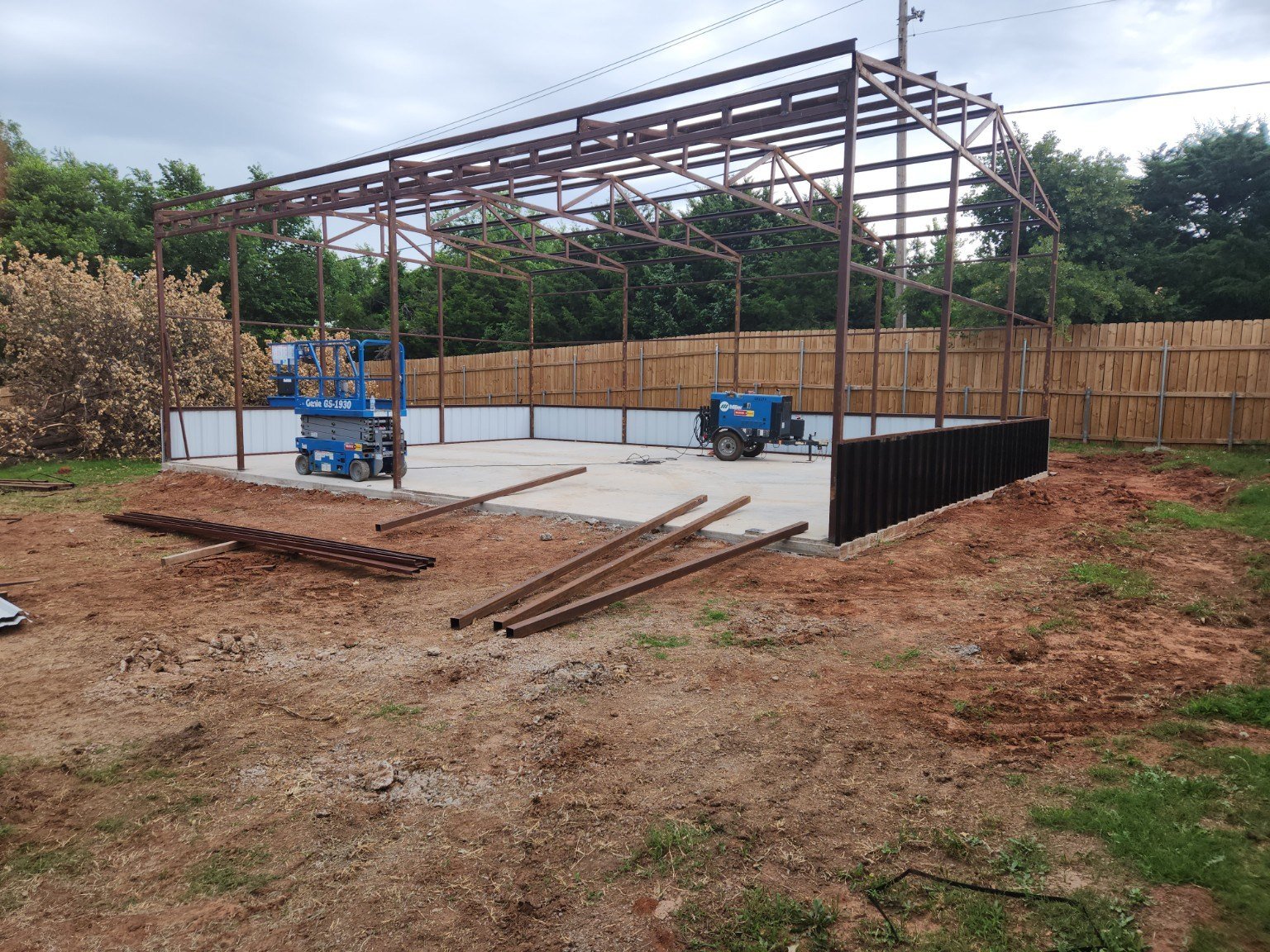Steel building framing in progress